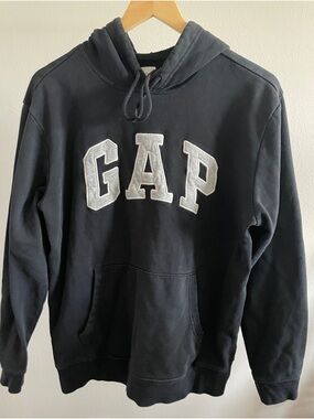 GAP Black Hoodie Raised White Logo Small Petite Pullover Streetwear